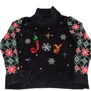 Holiday Time JOY Ugly Christmas Sweater Black Sequin Women’s XXL
